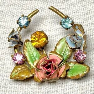 VTG 1940s Signed Azub Austria Brooch Gold Tone Rose Leaf Rhinestone Horseshoe